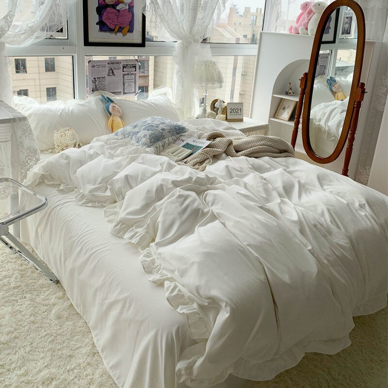 Pure Color Lace Washed Cotton Four-piece Quilt Cover Bed Sheet Bedding Three-piece Student Dormitory Bedding 200x230cm