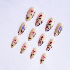 YICKYUE  -  24pcs Spring Flower Press on Nails Ins Simple Almond Fake Nail Tips Full Cover Wearable Sweet Korean False Nails for Girls