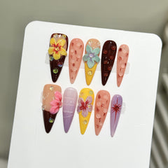 YICKYUE  -  10pcs Handmade Summer Press on Nails Sweet Pink Long Almond False Nails Wearable Ins 3d Carved Flower French False Nail Tips