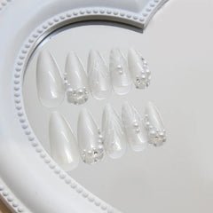 YICKYUE  -  24pcs Aurora White Press on Nail 3D Pearl Decor Almond Shaped Fake Nails Wearable Full Cover Sweet Bride Fairy Fake Nail Patches