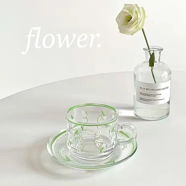 Yickyue Creative Coffee Cup Saucer Set Korean Cups Hand-Painted Plant Flower Coffee Mug Home Kitchen Drinkingware Espresso Cups