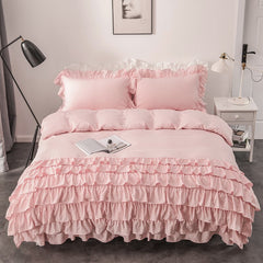 White Pink Gray Soft Korean Princess Style Bedding Set Layered Ruffles Design Duvet Cover Bed Skirt Bed Sheet Pillowcases 4Pcs