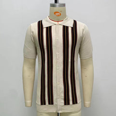 Hearujoy Summer Striped Sweater Men Newest Knit Poloshirt Business Casual Cardigan Tees Streetwear Tshirt Top Ice Silk Fabric Polo Blouse