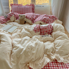 YICKYUE  -  Ins Lace Wrinkled Yarn Washed Cotton Four Piece Set Duvet Cover Set Bed Sheet Three Piece Set Non Pure Cotton Bedding Set