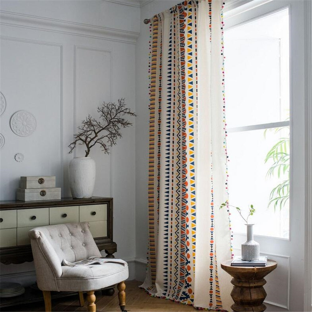 1.5M Width Cotton Linen Printed Curtain Household Living Room Kitchen Bohemia Tassel Window Half  Blackout Curtain