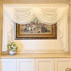 YICKYUE  -  White Linen Valance Curtain Head Luxury Beaded Lace Voile Valance Curtain Wavy Curtain Custom Window Panel Drape for Living Room