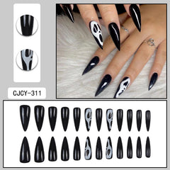 YICKYUE  -  24pcs Halloween Long Stiletto Black Fake Nails Set Press On Almond Nails Full Cover False Nails with White Ghost Design Finished
