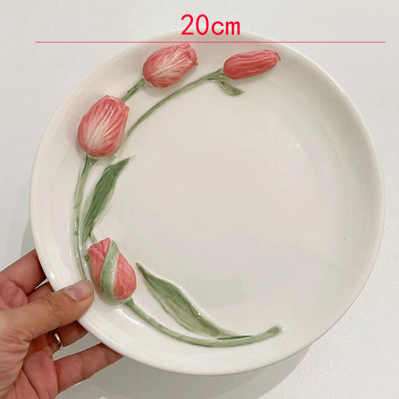 YICKYUE  -  Tulip Relief Plate Bowl Mug Handmade Ceramic Western Plates Cake Dessert Decor Plate Home Kitchen Hotel Exquisite Tableware