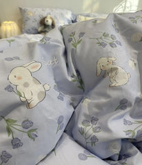 Yickyue -  Sweet cute rabbit tulips blue bedding set kid teen,twin full queen flower cotton home textile bed sheet pillow case quilt cover