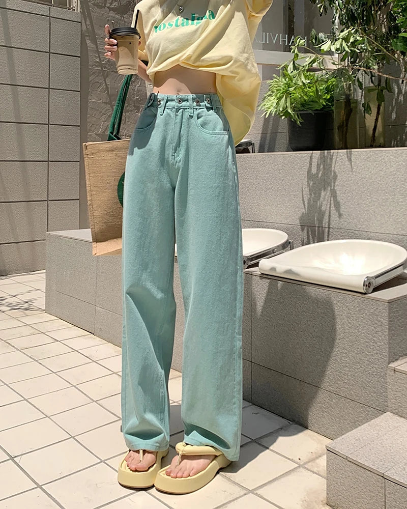 YICKYUE  -  S-XL 2Colors Summer Woman high wiast Loose jeans streetwear trouser casual Green Wide leg Long denim pants womens