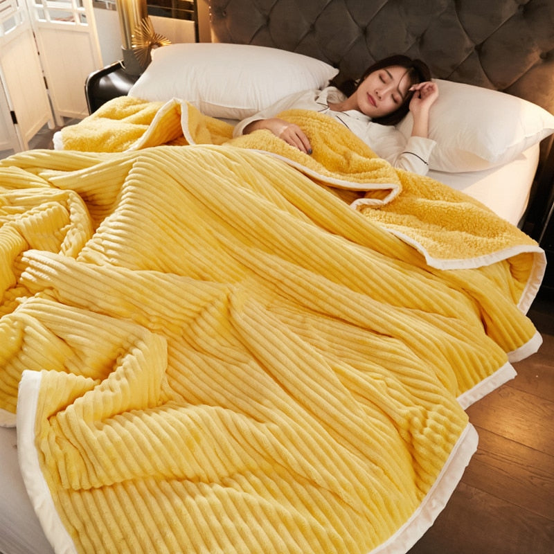 New solid color three-layer thickening warm, soft and comfortable single and double flannel lamb velvet skin-friendly blanket