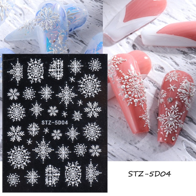 5D Acrylic White Wedding Nail Design Embossed Flower Lace Nail Stickers Decals French Manicure Decor Winter Sliders CHSTZ5D09-16