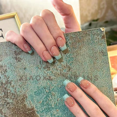 YICKYUE  -  10pcs Handmade French False Nails Short Fake Nails Press on Blue Edge Design Wearable Simple Ins Nail Manicure Nail Tips