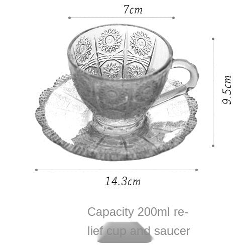 Vintage Embossed Flower Glass Cup and Saucer Afternoon Tea Dessert Coffee Cup Home European Style Tea Set Palace Style