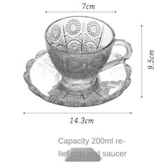 Vintage Embossed Flower Glass Cup and Saucer Afternoon Tea Dessert Coffee Cup Home European Style Tea Set Palace Style