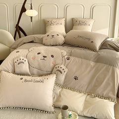 Yickyue Cute Cartoon Bear Applique Embroidery 100% Cotton Child Bedding Set Single Quilt Cover Bed Comforter Cover Bed Sheet Pillowcases