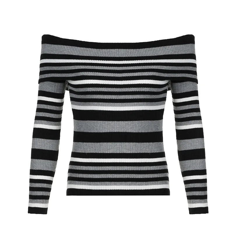 YICKYUE  -  Autumn/Winter New Fashion Women's Striped Contrast Color Line Neck Spice Girl Shoulder Slim Sweater Casual Streetwear Y2k