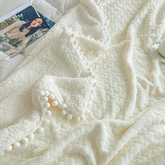 Yickyue Pom Pom Throw Blanket Knit Fleece Flannel Velvet Tassels Fringe Decorative Twin Warm Soft Cozy Knitted for Couch Sofa Bed TJ6991