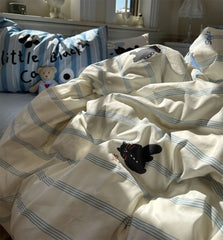YICKYUE  -  Fashion cute cartoon cat bedding set,twin full queen blue stripes black cotton home textile bed sheet pillow case quilt cover