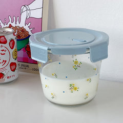 YICKYUE  -  Glass Lunch Box Food Preservation Container Pastoral Retro Flower Soup Bowl with Lid Portable Fruit Salah Bowl for Office Worker