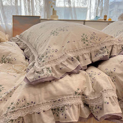 YICKYUE  -  Double Layer Lace Ruffles Pure Cotton Bedding Set Lavender Floral Duvet Cover Set Bed Skirt/Flat Sheet/Fitted Sheet Pillowcases