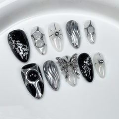 YICKYUE  -  Dark Blue Cat Eye Fake Nails Medium Almond False Nails Press on With Hand Drawn Metal Lines Wearable Full Cover Almond Nail Tips