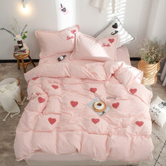 Sweet All Cotton Washed Cotton Four-Piece Embroidered Pure Cotton Bed Sheet Duvet Cover Girl's Heart Princess Style Pink Bedding