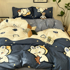 Yickyue Boys Girls Home Textile Bedding Set With Flat Sheet Rabbit Duvet Cover And Pillowcases In Single Double Queen Size Cute Soft
