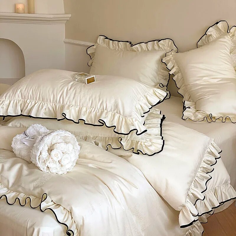 Yickyue Luxury 1000TC Egyptian Cotton French Princess Wedding Bedding Set Ruffles Black Edge Jacquard Duvet Cover Bed Sheet Pillowcases