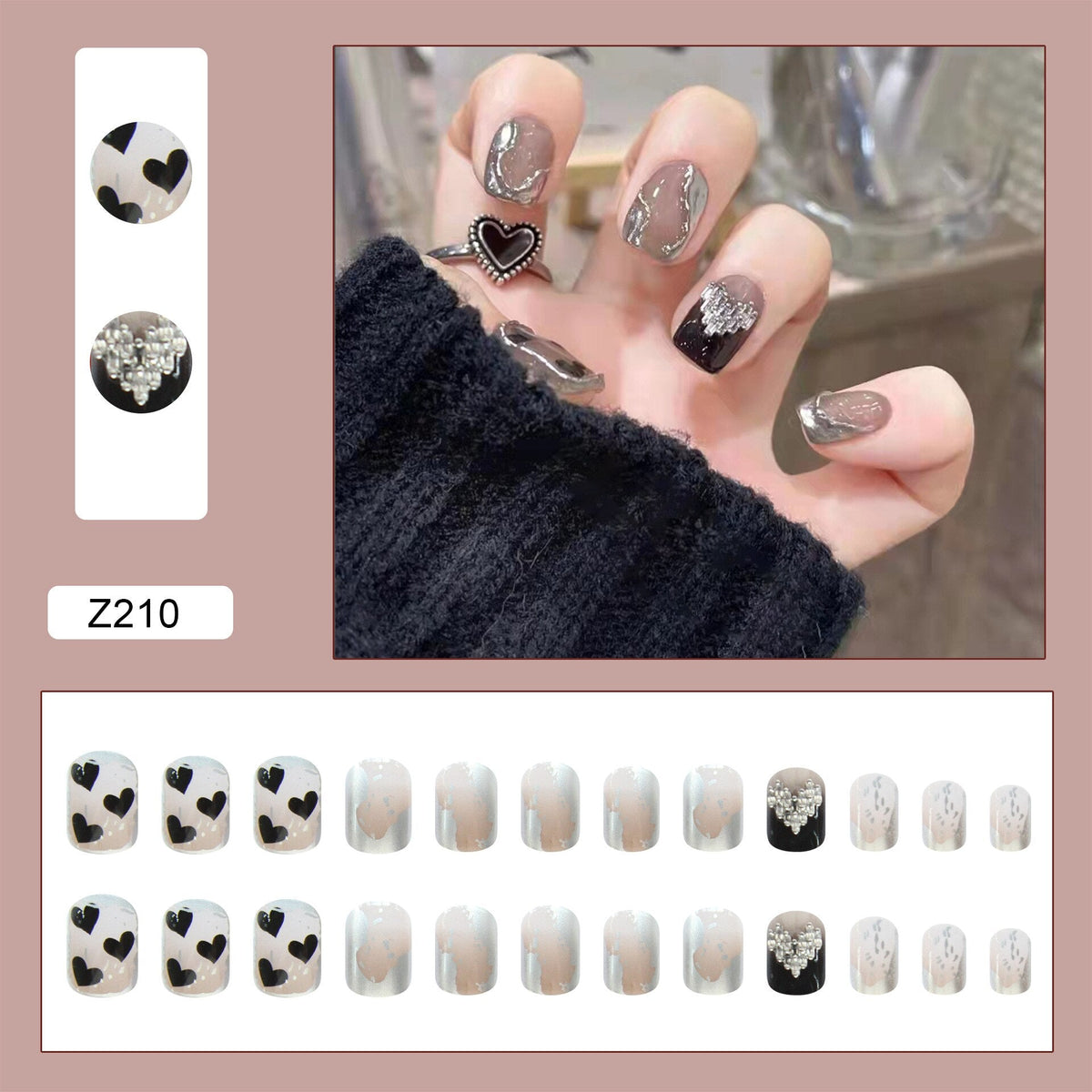 24Pcs/Box Square Head False Nails Heart Mirror Short Square Fake Nails Full Cover Press On Nail Tips Manicure Tool