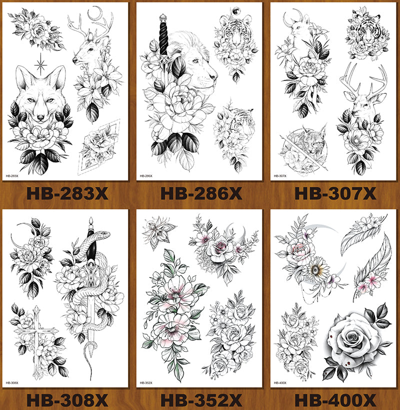 YICKYUE  -  sketches tattoo designs 6pcs/lot fox rose flowers tattoo sticker women girl sexy body tattoos black big size waterproof decal