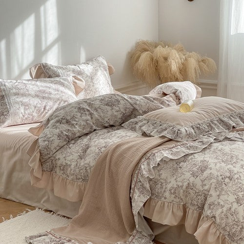 Yickyue Four-Piece French Summer Plant Printing Cooling Silk Skating Vintage Lace 1.8M Quilt Cover Home Textile Finished Product Fashion