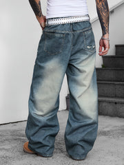HEARUJOY  -  1pc Men's Street Style Wide Leg Faux Denim Jeans - Trendy Burnout Print, Loose Fit, Mid Waist, Non-Stretch, Zipper Placket for Daily Casual Wear