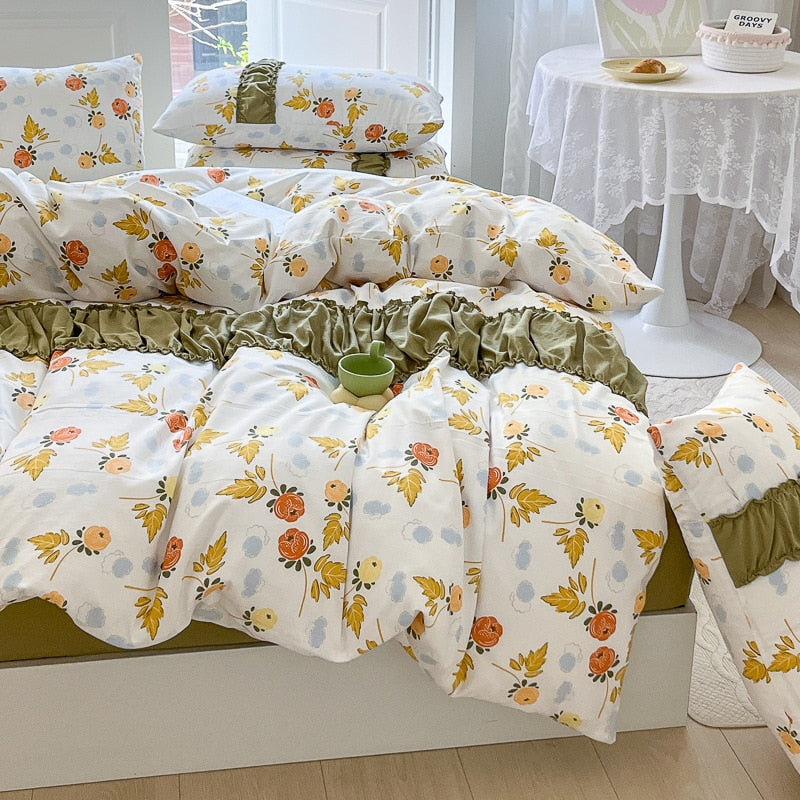 Yickyue Flower Series Double Gauze Bedding Sets 4pcs Comforter Bedding Sets Skin Friendly Fabric Quilt Cover Set for Single Double Bed