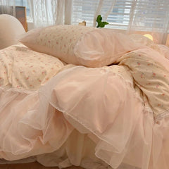 Yickyue Korean Style Chiffon Pure Cotton Bedding Set Full Size Little Floral Duvet Cover Set with Bed Skirt Princess Style Bedding Sets