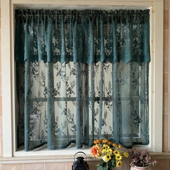 Yickyue American Pastoral Dark Green Short Curtain Coffee Half Curtain Double Lace Embroidered Sheer Curtain for Kitchen Cabinet Door