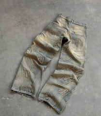 Hearujoy  Y2k Jeans New Harajuku Flame Embroidered Hip Hop Street Leisure Denim Pants Men Clothing High Waist Straight Leg Wide Leg Jeans