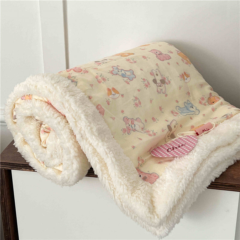 YICKYUE  -  Soft Winter Blanket Floral Double-layer Yarn Cotton Velvet Blanket Kawaii Portable Camping Warm Coral Home Office Nap Blanket