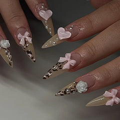 YICKYUE  -  Red Chic French Bowknot Snow Pattern Delicate Heart Nail Art Fake Nail Detachable Finished False Nails Press on Nails Christmas