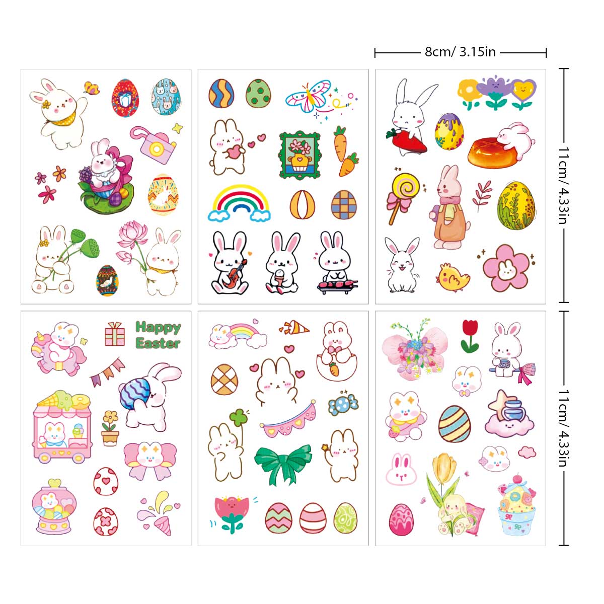YICKYUE  -  6pcs New Rainbow Easter Rabbit Pattern Stickers for Women Girls Sweet Cartoon Tattoo Semi Permanent Waterproof Tattoo Stickers