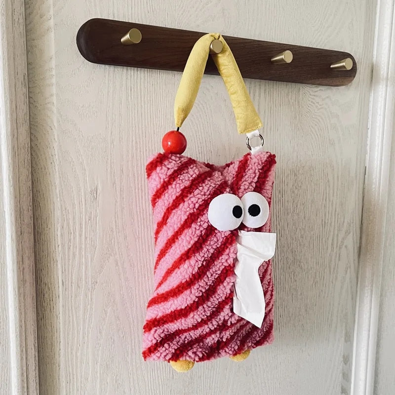 Yickyue Cute Eye Diagonal Stripes Paper Bag Hanging Polar Fleece Tissue Napkin Holder Tissue Bag Bedroom Kitchen Desktop Storage Napkins