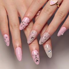 YICKYUE  -  24pcs Sweet pink star Fake Nails 3D Ocean Shell Wearing False Nail Tips Butterfly Sparkling Diamond Ins Korean Press on Nails
