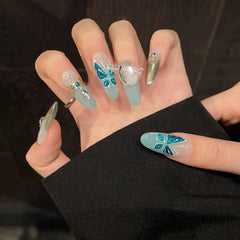 YICKYUE  -  Ice Blue Butterfly Decor False Nails Gold Magic Mirror Fashion Handmade Press on Nails Ins light Blue Sweet Fake Nail Tips