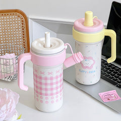 YICKYUE  -  Kawaii Insulated Water Bottle With Straw Handle Infuser Cute Stainless Steel Leak Proof Tumbler Coffee Tea Juice Women Thermos