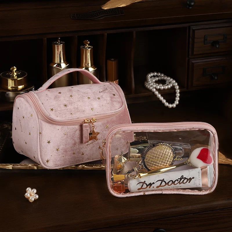 YICKYUE  -  Cosmetic Bag Travel Set Makeup Organizer Women Toiletry Bag Velvet Big Capacity Luxury Storage Bag Pink Blue Makeup Pouch