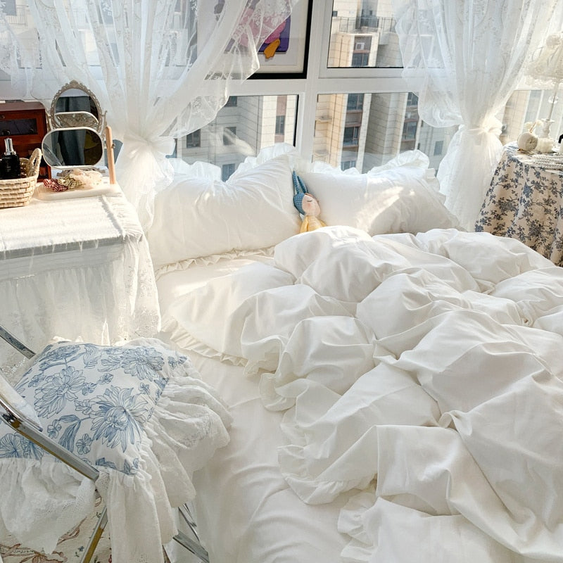Yickyue Korean Girl Princess Style Solid Color Bedding Fitted Set Cute Cotton Ruffle Seersucker Duvet Cover With Pillow Case Bed Sheets