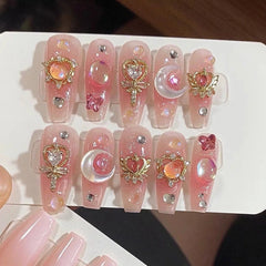 YICKYUE  -  10Pcs Handmade Press on Nails Long Ballet Blue Fake Nails with 3D Ocean Moon Rhinestone Design False Nails Full Cover Nail Tips
