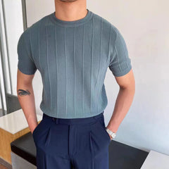 Hearujoy Summer Men Knit Ice silk T shirts High Quality Solid Color Stripe Short sleeve O-neck Tee Tops Mens Thin Slim Fit T-Shirts