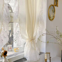 Yickyue French Cream Style Ruffled Lace Tulle Curtains Light Yellow Romantic Short Sheer Curtain For Living Room Bedroom Glass Door