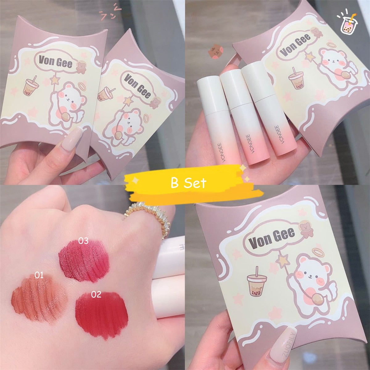 Von Gee Lipstick Set 3 Color Matte Lip Glaze Velvet Lip Mud Waterproof Moisturizing Non-Stick Cup Non-fading  Lip Gloss Cosmetic